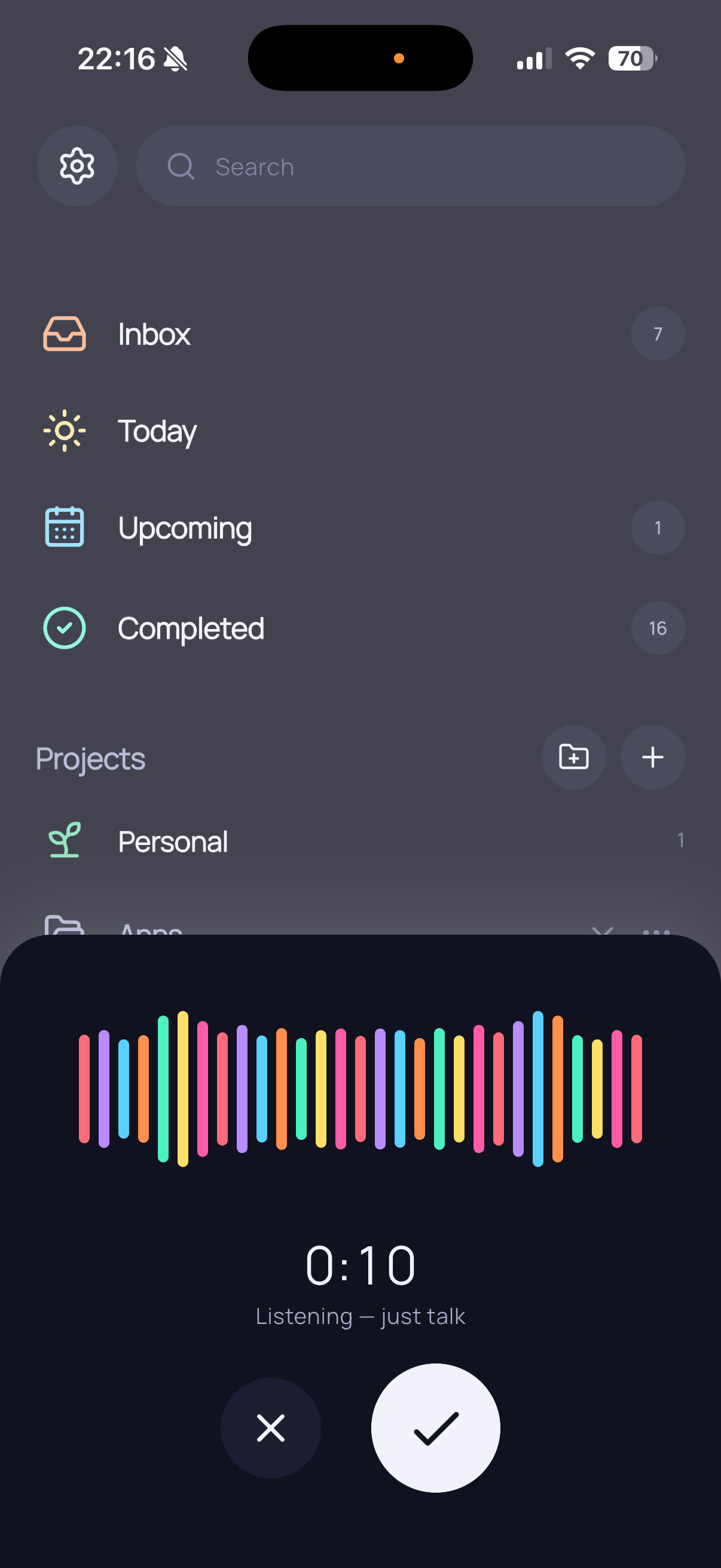 mmbl voice capture with a colourful waveform and a listening indicator